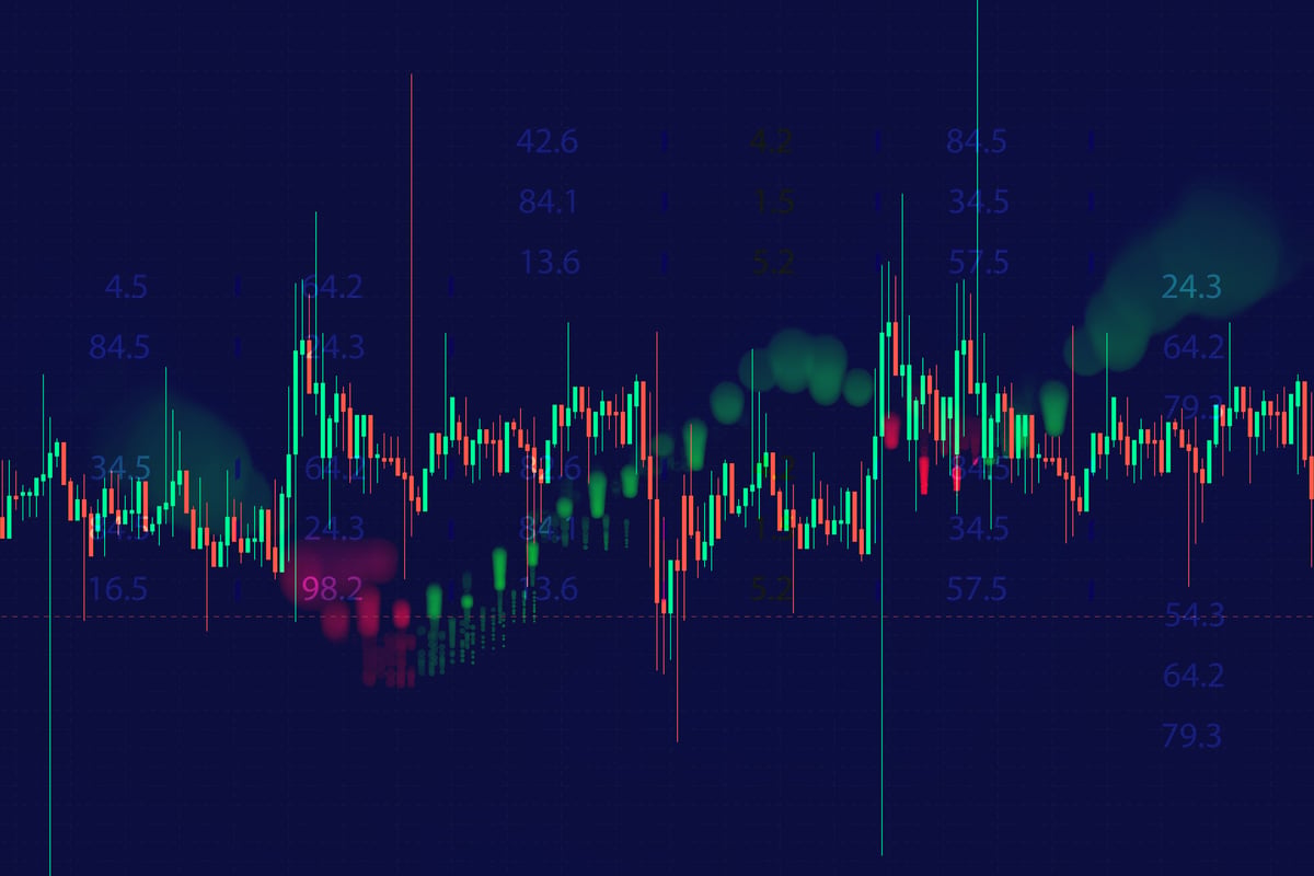 Abstract stock market chart with multicolored candlestick patterns and numeric overlays on a dark background